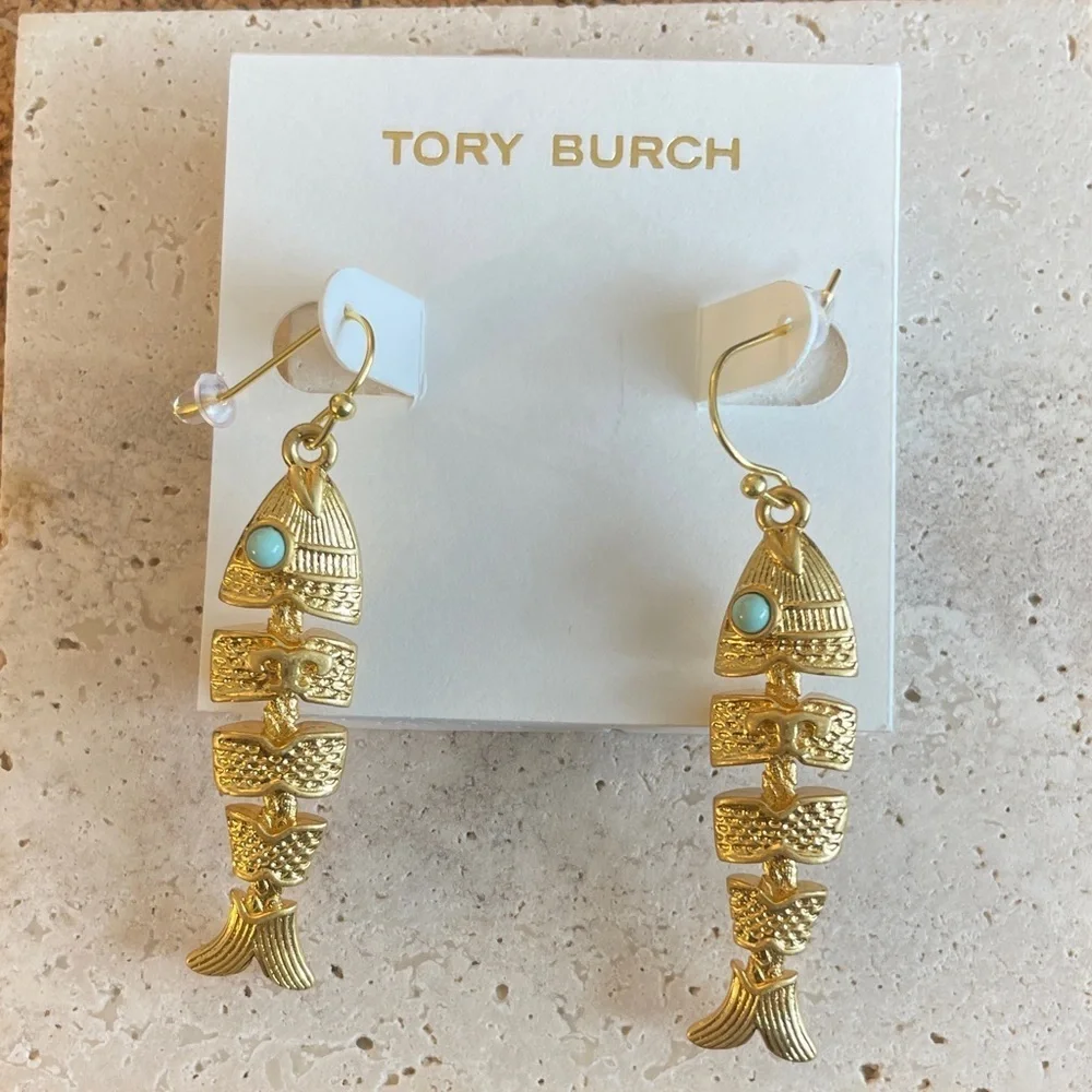 Tory Burch Gold Fishbone Drop Earrings Turquoise Statement Dangle